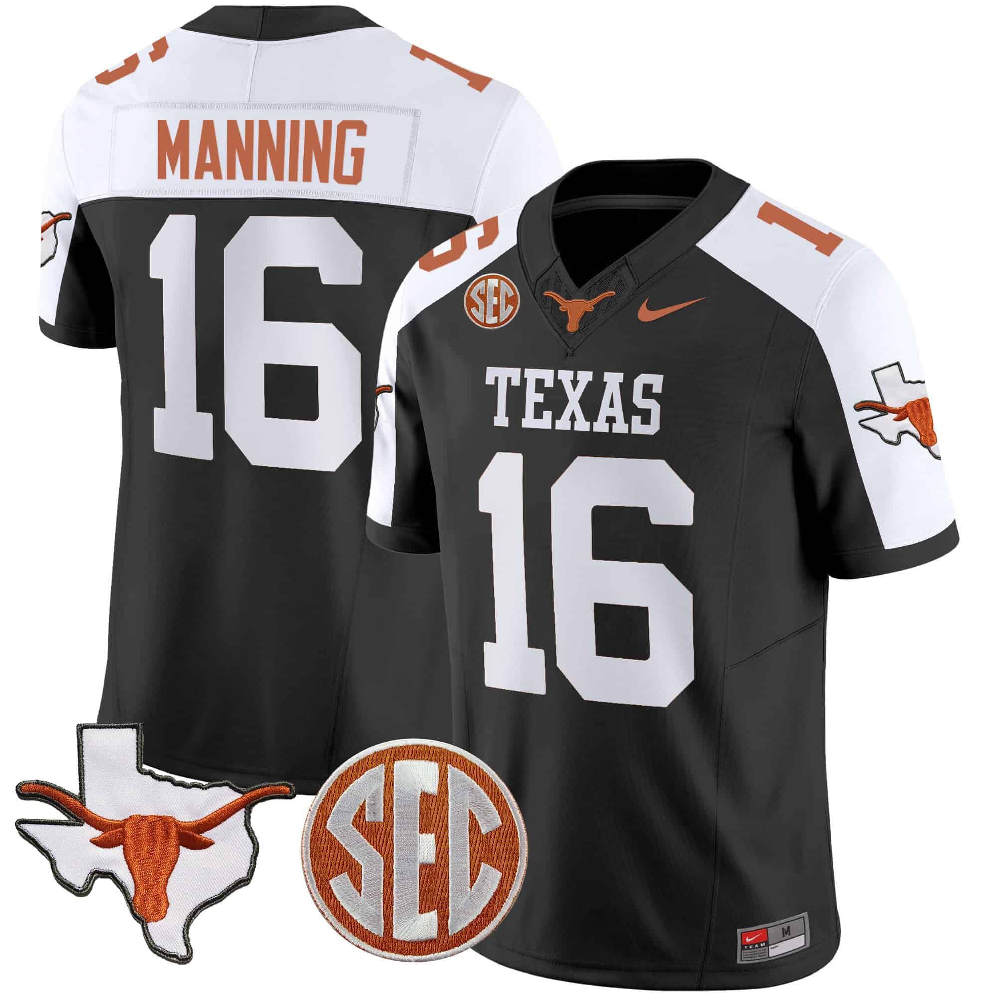Men Texas Longhorns #16 Manning Black 2024 Nike State Map & SEC Patch Vapor NCAA Jersey